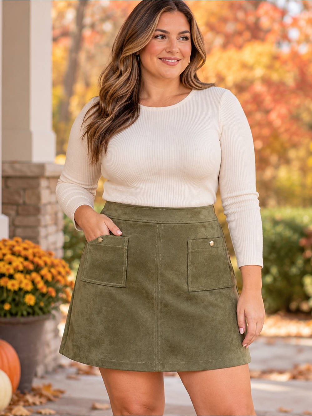 LOFT Size 14 Olive Green Faux Suede A-Line Skirt Pocket Fall